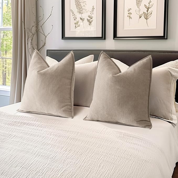 MIULEE Pack of 2 Beige Decorative Pillow Covers 20x20 Inch Soft Chenille Luxurious Couch Throw Pillows Farmhouse Cushion Covers with Elegant Design for Sofa Bedroom Living Room Spring Home Decor