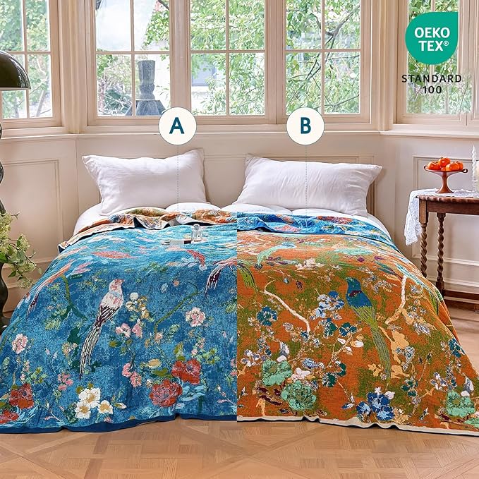 Boho Throw Blanket - 100% Cotton Ultra Soft Muslin Blanket, 60"x80" Lightweight Floral Bird Printed Framhouse Bedding Spring Blanket for Bed, All Season Blue Bohemian Bedroom Home Decor Quilt