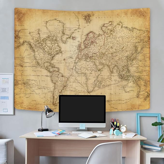 GOAOK Retro Old World Map Tapestry, Historical Atlas Educational Wall Hanging, Brown, 80x60 Inch