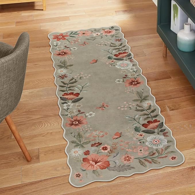 Lahome Floral Entryway Rug, 2x4 Washable Fall Kitchen Rug Ultra-Thin, Soft Non-Slip Door Mat Indoor Entrance Stain Resistant Boho Small Throw Carpet for Bathroom Bedroom Flore, Brown
