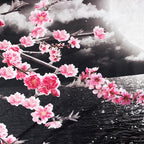 LB Pink Cherry Blossom Tapestry Full Moon with Grey Cloud in Night Sky Wall Tapestry Black Ocean Scenery Tapestries for Bedroom Living Room Dorm Wall Decor,60x40 inches