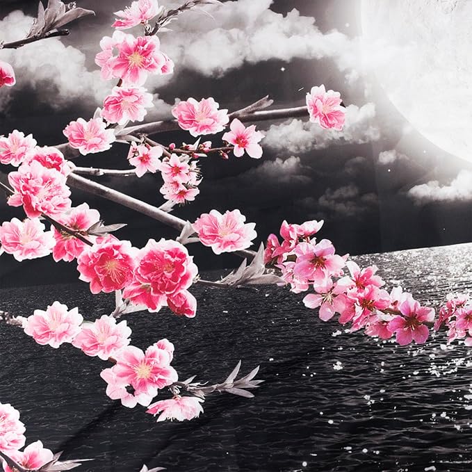 LB Pink Cherry Blossom Tapestry Full Moon with Grey Cloud in Night Sky Wall Tapestry Black Ocean Scenery Tapestries for Bedroom Living Room Dorm Wall Decor,60x40 inches