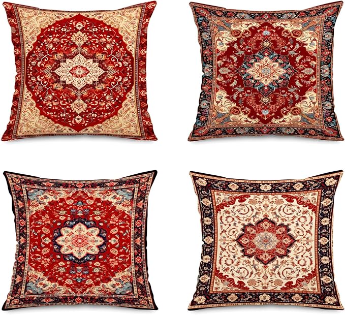 Jartinle Persian Medallion Throw Pillow Covers 18x18 Set of 4 Retro Boho Floral Ethnic Pillow Covers for Outdoor Sofa Couch Hippie Home Decor