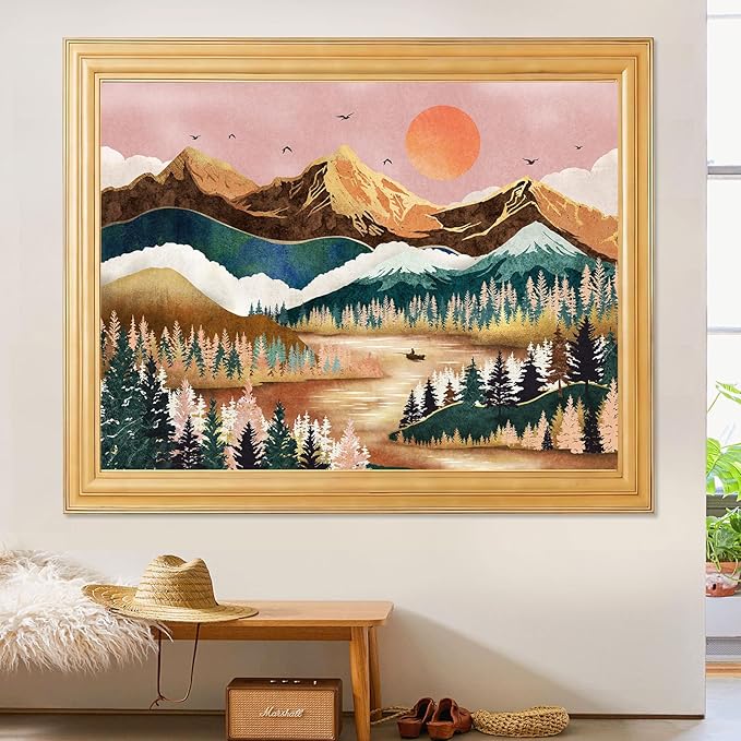 Zussun Mountain Tapestry Nature Forest Tree Tapestries for Bedroom Aesthetic Sunset Tapastry's Wall Hanging Orange and Green Landscape Wall Tapestry for Living Room Dorm (Orange, 60'' × 44'')