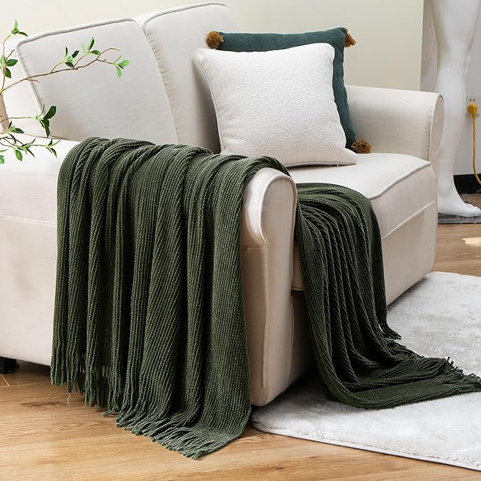 BATTILO HOME Olive Green Throw Blanket for Couch, Soft Chenille Knit Throws with Tassels for Home Decor, Green Throws for Couch Cover, 50"x60"