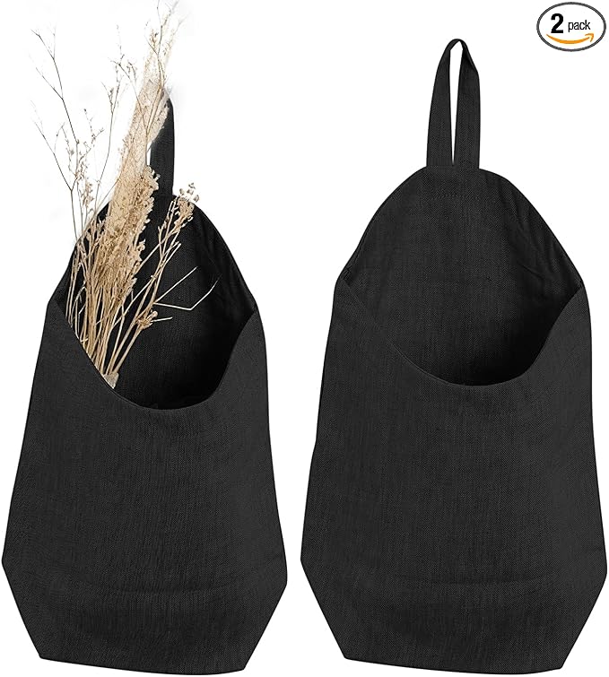 100% Linen Hanging Storage Bags Baskets 2 Pcs, Small Wall Storage Bag for Kitchen, Bedroom, RV Camper Organizer, Sewing Room, Nursery Storage, Kids Room (Black)
