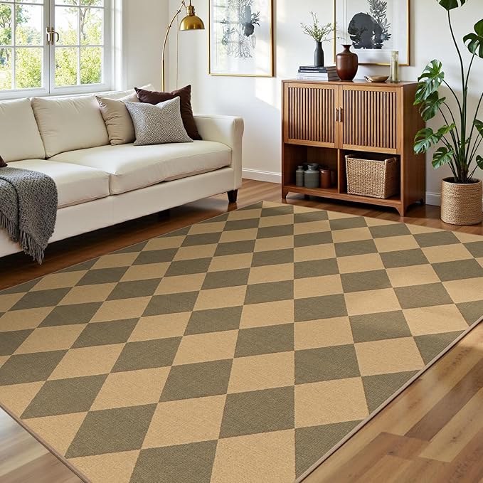 Lessymo Checkered Area Rugs 5x7 for Living Room, Washable Easy Jute Rug for Outdoor Patio Backyard Dining Room Bedroom, Non Slip Farmhouse Natural Indoor Outdoor Carpet, Diamond Brown/Beige