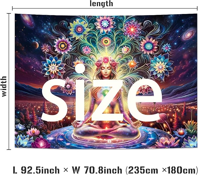 Dermijer Blacklight Seven Chakra Yoga Meditation Tapestry Flower Chakra Tapestries Galaxy Space Planet Tapestry UV Reactive Lotus Tapestries Wall Hanging for Home Decor 92.5L x 70.8W