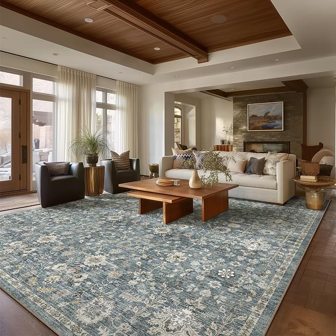 Washable Rugs for Living Room: 9x12 Area Rugs for Bedroom Ultral Soft Non-Slip Stain Resistant Vintage Boho Large Carpet for High-Traffic Dining Room - Farmhouse Decor