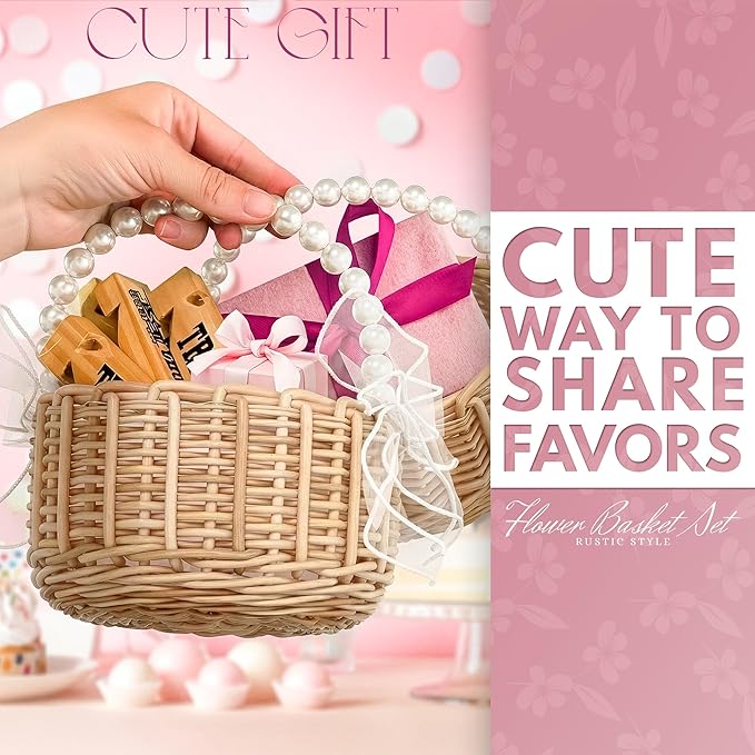 Small Flower Girl Baskets Set of 2 - Easter Basket Small Wicker Basket with Handle of Pearl, Bows & Waterproof Lining for Wedding Flowers, Sweets, Gifts and Home Decor - Lightweight & Multifunctional