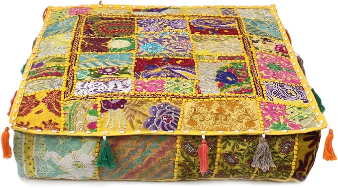 Mam Treasures Indian Bohemian Decorative Pillow Vintage Cushion Cover Patchwork Square Floor Pillow Cover Meditation Cushion Large Floor Pillow Indian Cushion (Yellow, 18 X 18 X 5 Inch)
