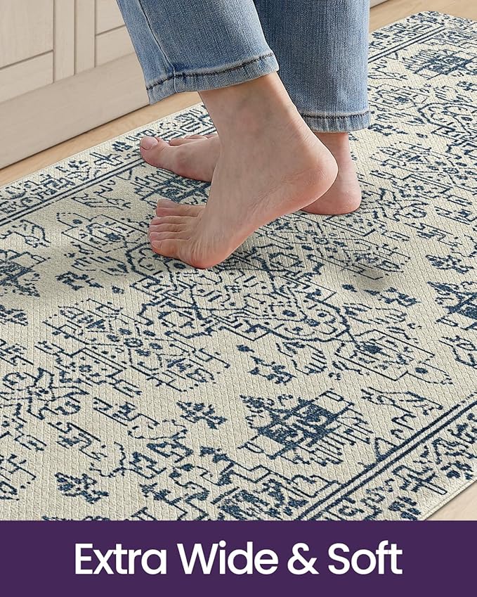 DEXI Kitchen Mats for Floor Cushioned, 23x59 Extra Large Wide Runner Rug Non Slip, Waterproof Soft Comfort Standing Padded Anti Fatigue Decorative, Blue White