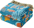 Throw Blanket for Bed 100% Cotton Blankets for Bedroom Living Room Spring Twin All Season Underwater Ocean Life Embroidery Reversible Breathable Quilt for Couch Sofa Coastal Home Decor 60"x80"