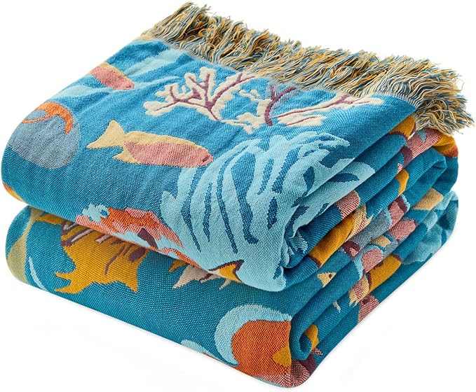 Throw Blanket for Couch Sofa 100% Cotton Blankets for Bedroom Living Room Spring Soft All Season Reversible Underwater Ocean Life Embroidery Throws Coastal Home Decor 50"x60"