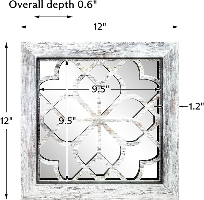 Boho Wall Mirror Decor, Set of 2 Rustic Farmhouse Accent Mirror 12x12 Inch, Square Shatterproof Vintage Style Mirrors for Wall, Small Decorative Mirrors for Living Room, Bedroom(Grey)