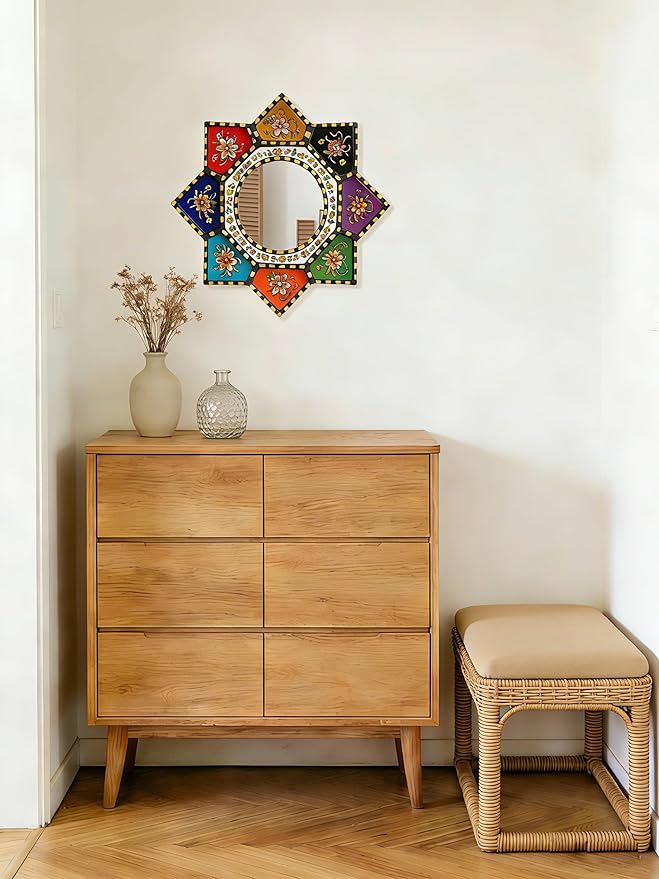 Octagon Sunburst Wall Mirror - Colorful Geometric Boho Circle Mirror Art, Small Decorative Vintage Accent for Living Room Decor, Wood & Acrylic（2D Printed）