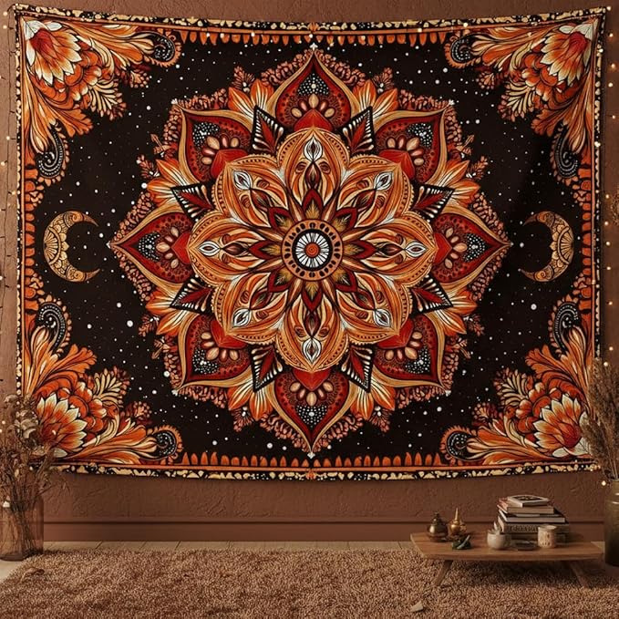 Accnicc Mandala Floral Tapestry Wall Hanging Boho Orange Red Tapestry Aesthetic Hippie Vintage Bohemian Flower Celestial Indian Cute Small Tapestries for Bedroom Living Room Dorm Decor 48 x 36 Inch