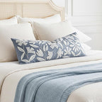 BlissBlush 14x36 Lumbar Pillow Cover for Bed, Grayish Blue Rectangular Long Throw Pillowcase, Embroidered Velvet Floral Tufted Farmhouse Accent Cushion (Cover Only)