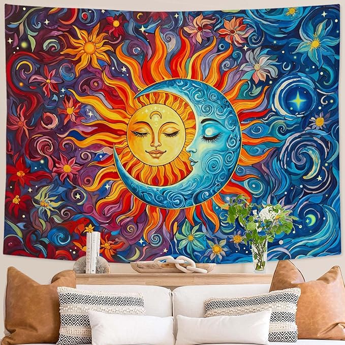 Sun and Moon Tapestry Boho Hippie Orange Red Blue Floral Tapestry for Bedroom Aesthetic Abstract Plant Flowers Stars Small Tapestries Wall Hanging for Living Room Dorm 80 x 60 Inch