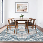 Washable 8×10 Area Rug for Living Room, Vintage Floral Rug Soft Non Slip Stain Resistant Boho Carpet for Indoor Bedroom Dinning Room Home Office Blue/Ivory