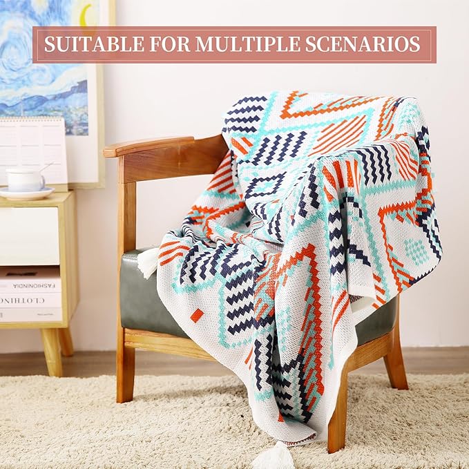Knitted Queen Size Throw Blanket - Lightweight Breathable Summer Soft Blanket of Polyester Imitation Cotton for Anti-Static,Luxury Throws for Bed, Couch and Sofa,Orange Tassel Pattern