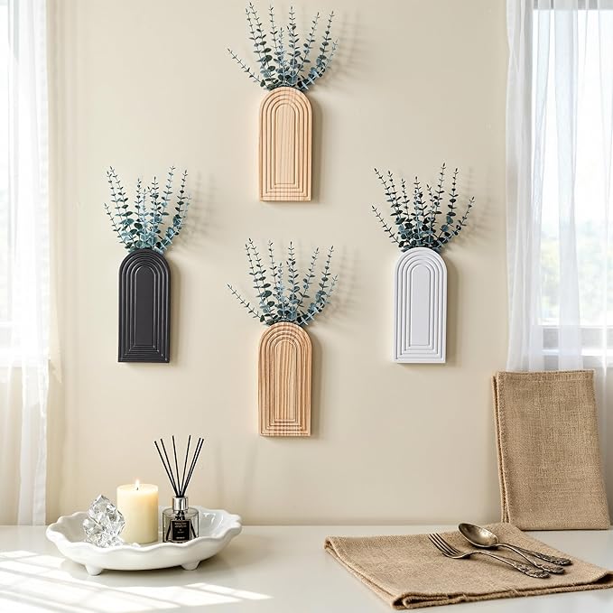 DREAMLOOM 2 Pack Wooden Wall Vases with Eucalyptus Artificial Plants, Wall Hanging Planters Boho Modern Farmhouse Indoor for Narrow Spaces Entryway Bathroom Home Office Decoration, Black