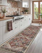DEXI Kitchen Floor Mats Anti Fatigue, 23x86 Large Long Cushioned Vintage Runner Rug Waterproof, Standing Comfort Memory Foam Padded for Front Sink Laundry Office, Beige and Red