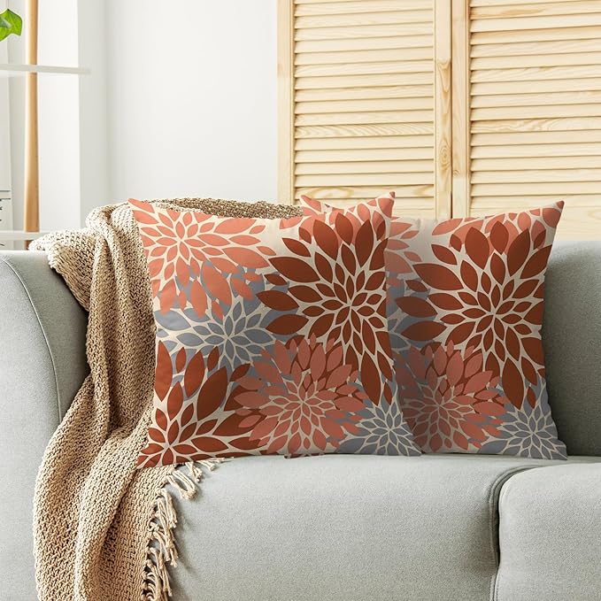 Burnt Orange Grey Gray Pillow Covers 24X24 Inch Set of 2, Modern Dahlia Floral Print Decorative Throw Pillow Covers Outdoor Farmhouse Cushion Case for Home Couch Sofa Bed Decoration