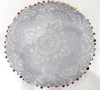 CRAFT KALA 22" Bohemian Floor Pillow Pouf Cover Mandala Boho Large Round Meditation Room Pillow Covers for Adults Seating Poufs Cushion Cover for Kids Playroom Silver Flower