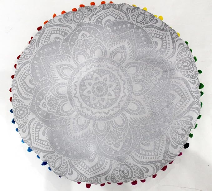 CRAFT KALA 22" Bohemian Floor Pillow Pouf Cover Mandala Boho Large Round Meditation Room Pillow Covers for Adults Seating Poufs Cushion Cover for Kids Playroom Silver Flower