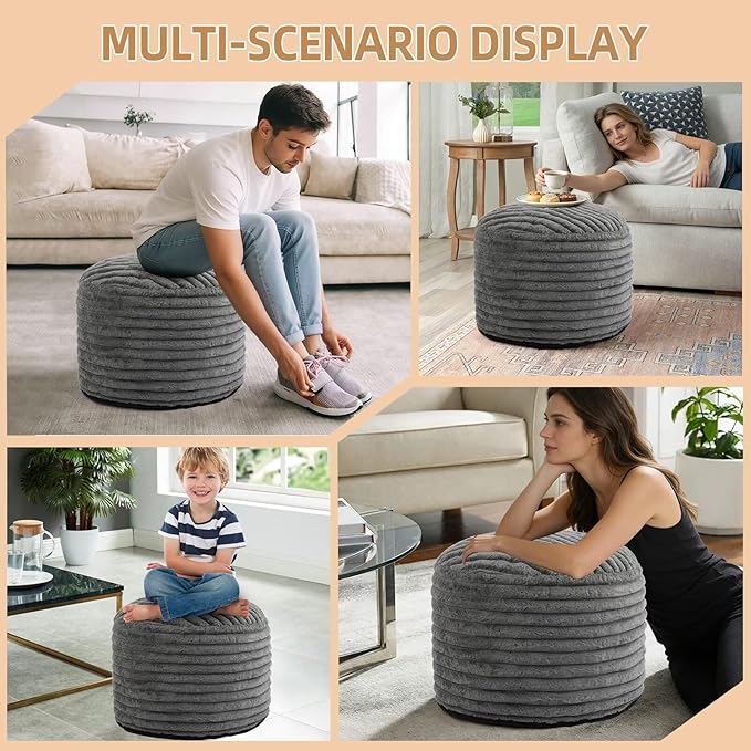 Round Stuffed Pouf Ottoman Foot Rest for Couch Round Ottoman with Foam Chunk Filling Stripe Faux Fur Ottomans for Living Room Floor (20"x15",Dark Grey)