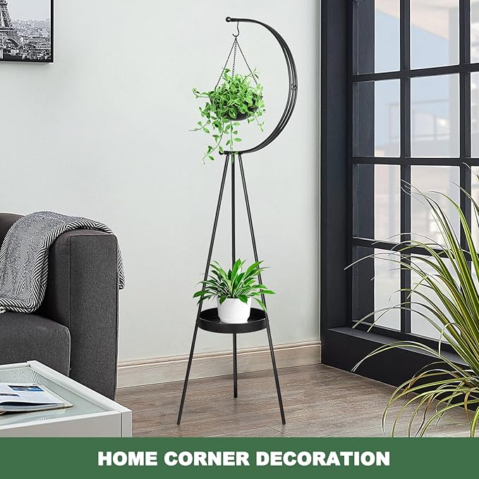 airogym Plant Stand, Metal Plant Holder Indoor Outdoor, Modern Iron Flower Pots Rack, Multifunctional Planter Display Shelf with Hanging Planters for Garden Patio Room, Corner Balcony Decor (Black)