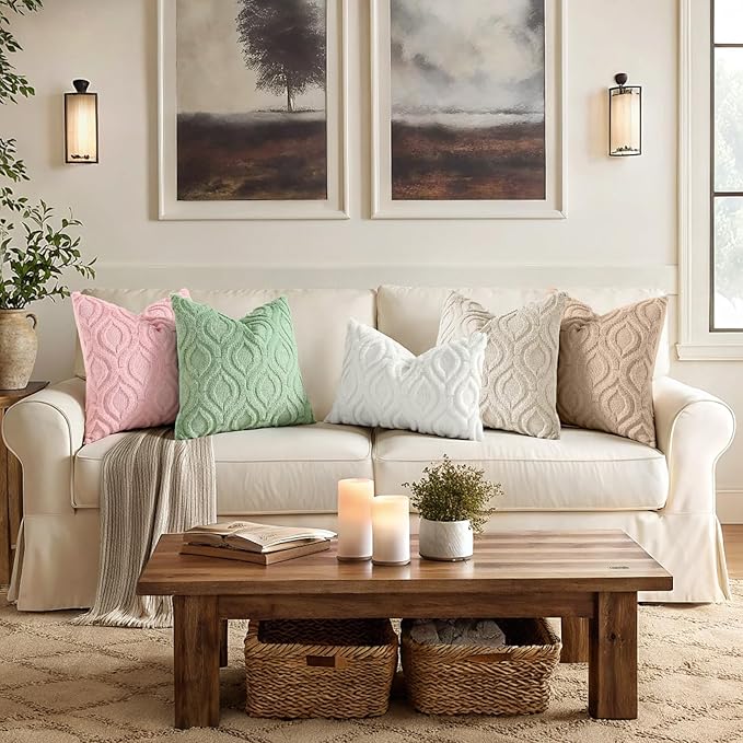 decorUhome Cozy Textured Throw Pillow Covers 18x18 Inch Set of 2, Soft Plush Faux Wool Pink Accent Couch Pillow Covers for Modern Farmhouse Sofa Bed Living Room