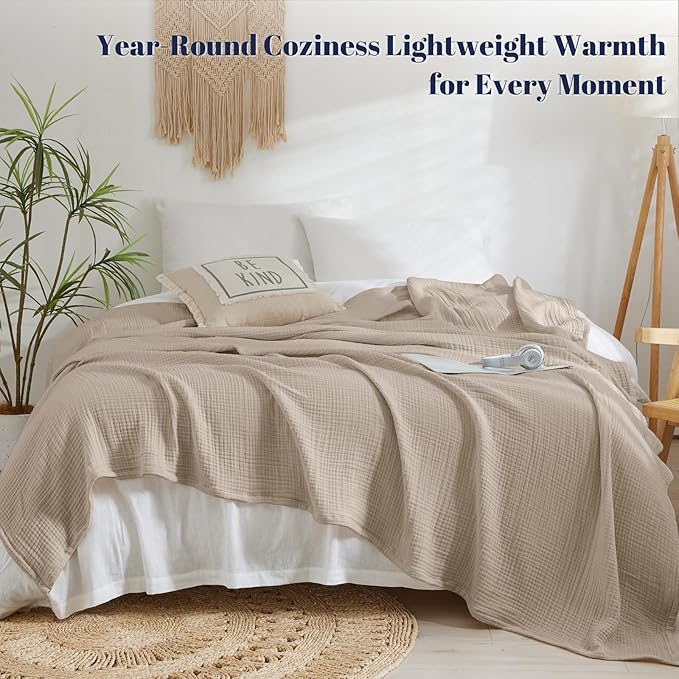 PHF 100% Cotton Muslin Blanket King Size 108"x90", 4-Layer Lightweight Gauze Throw, Breathable Cloud-Soft Minimalist Blanket for Bed, Couch, Camping & Baby, Taupe, Ideal Gift
