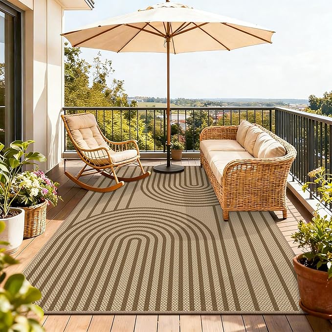 Outdoor Rug 4x6, Easy Jute Rug Non-Slip Indoor Outdoor Carpet, Washable Floor Mat Modern Black Striped Area Rug for Living Room, Bedroom, Patio, Dining Room, Office Area, Brown