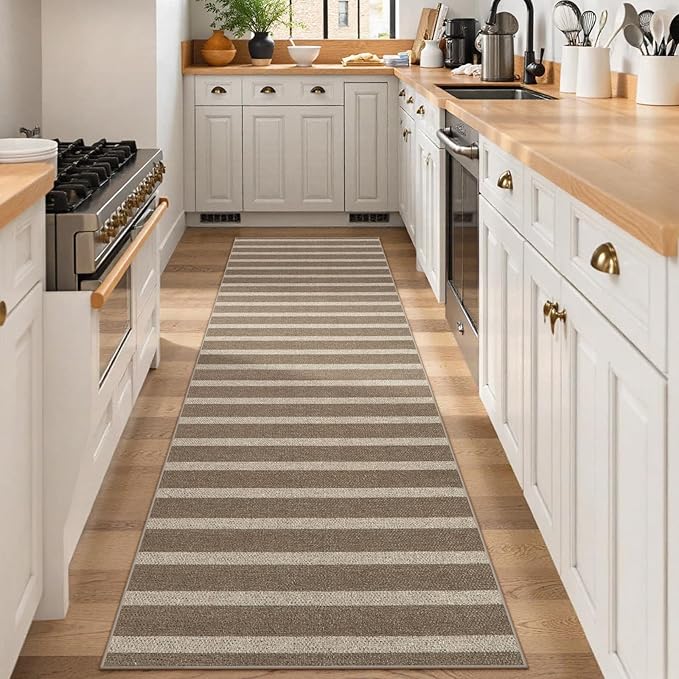 Lahome Elance Striped Easy Jute Kitchen Runner, 2x8 Washable Indoor Outdoor Entryway Runner Rug, Farmhouse Neutral Non Slip Non Shedding Carpet for Hallway Porch Foyer, Khaki