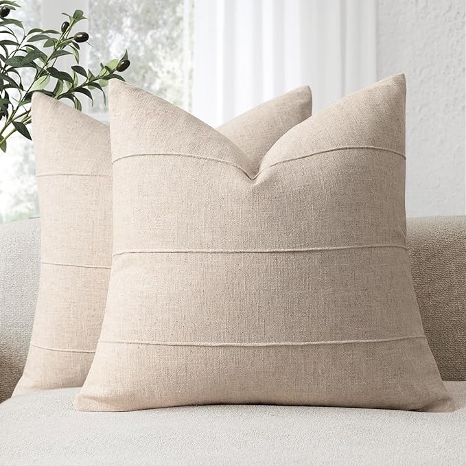 Decorative Linen Throw Pillow Covers 16x16 Set of 2 Solid handcrafted Striped Cushion Covers for Bed Soft Modern Farmhouse Neutral Pillowcase for Couch Bedroom Living Room Home Decor(Natural Beige)
