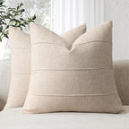 Decorative Linen Throw Pillow Covers 16x16 Set of 2 Solid handcrafted Striped Cushion Covers for Bed Soft Modern Farmhouse Neutral Pillowcase for Couch Bedroom Living Room Home Decor(Natural Beige)