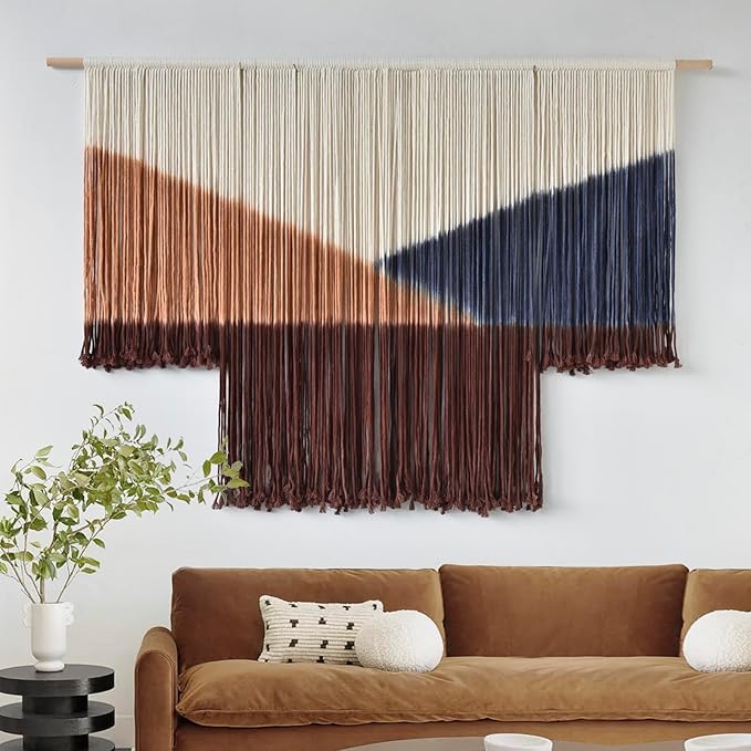 Jakalin Macrame Wall Hanging Geometric Boho Tapestry Dip Dyed With Modern Shapes, 57" W x 39" L Macrame Wall Art for Living Room or Bedroom Decor