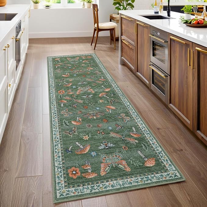 Mushroom Insect Rug 2x6 Runners for Hallways, Boho Kitchen Runner Rugs Non Slip Bath Runner, Modern Washable Runner Rug for Bedroom, Soft Long Rugs for Entryway Bathroom Laundry Dorm, Blue