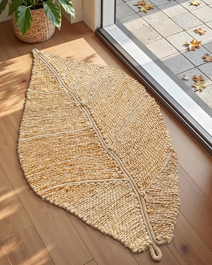DEXI Jute Door Mat Inside Entryway Braided Woven, 20x32 Front Entrance Doormat Inside Leaf Shaped, Welcome Natural Fiber Entry Mats Farmhouse Home Decor, Beige