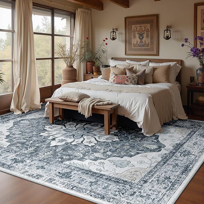 Area Rugs 6'x8' Washable Non-Slip, Floral Vintage Distress Print Pattern Medallion Carpet for Living Room Bedroom Dining Room, Light Gray Grey White