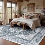 Area Rugs Square 8ft Washable Non-Slip, Floral Vintage Distress Print Pattern Medallion Carpet for Living Room Bedroom Dining Room, Light Gray Grey White