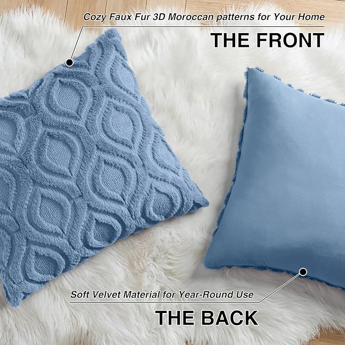 decorUhome Cozy Textured Throw Pillow Covers 18x18 Inch Set of 2, Soft Plush Faux Wool Blue Accent Couch Pillow Covers for Modern Farmhouse Sofa Bed Living Room
