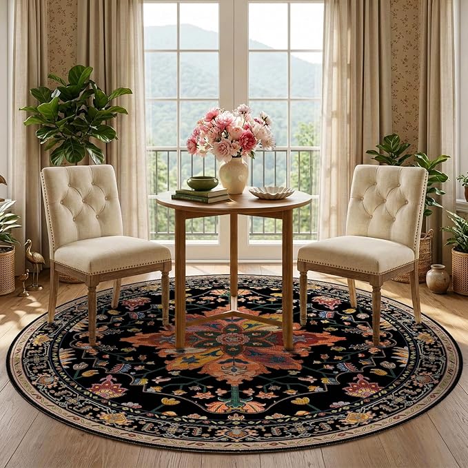 Area Rugs 5ft Washable Non-Slip, Floral Vintage Distress Print Pattern Medallion Carpet for Living Room Bedroom Dining Room, Black Colorful Floral Dark Tan