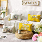 AVOIN colorlife Bless Our Home Farmhouse Eucalyptus Leaves Throw Pillow Covers, 12 x 20 Inch Yellow Truck Home Sweet Cushion Case Decorations Set of 4