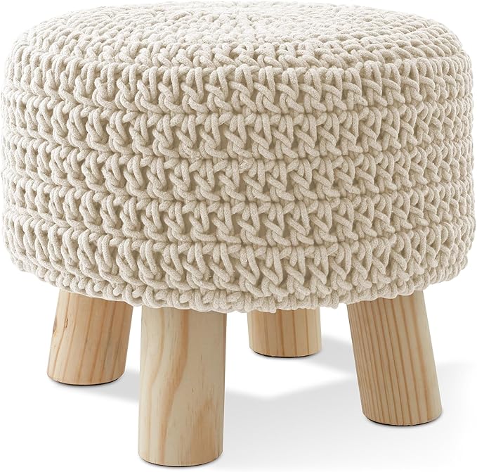 Casafield Pouf Ottoman Footstool, 13" Round x 11" High, Hand-Knitted Cotton Footrest, Non-Skid Wood Legs, Boho Foot Stool for Living Room, Bedroom (Natural)