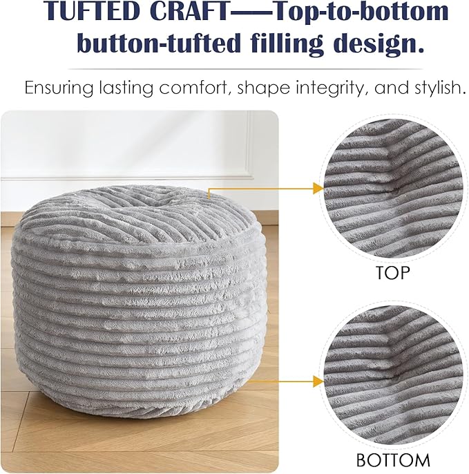 Round Pouf Ottoman,Corduroy Poufs with Memory Foam Filling for Foot Rest,Soft Footstool for Living Room,Office,20"x 15",Light Grey