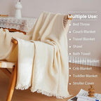 Simple&Opulence Cotton Muslin Throw Blanket 4 Layers for Bed, Couch, Woven Gauze Blanket with Tassels, Soft Lightweight Cozy Pre-Washed Breathable Farmhouse Decoration for All-Season(White)