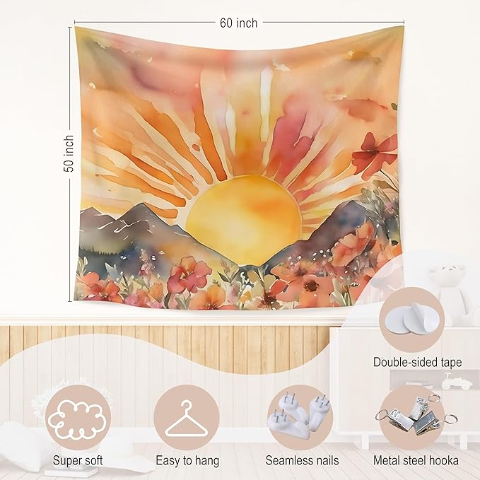 WARDOS Boho Sun Tapestry, Boho Tapestry Wall Hanging, Abstract Mid Century Modern Sunshine Sunset Sunrise Wildflower Mountain Landscape Wall Blanket Decor for Home Living Room Bedroom, 50x60 Inch